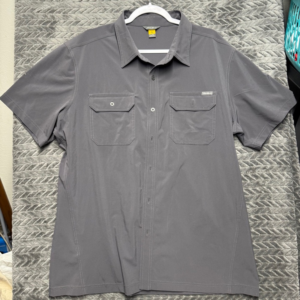 Eddie Bauer Travex Shirt XL Gray Short Sleeve Stretch‎ Pockets Outdoor (2034)